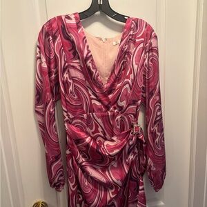 Wayf Pink Printed Wrap Dress with rhinestone buckle